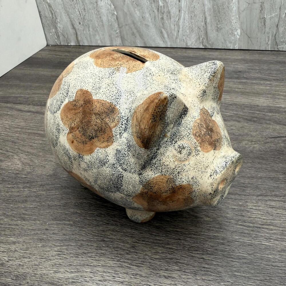 Tan Ceramic Piggy Bank with Brown Flowers – 6" x 5" x 4.5"